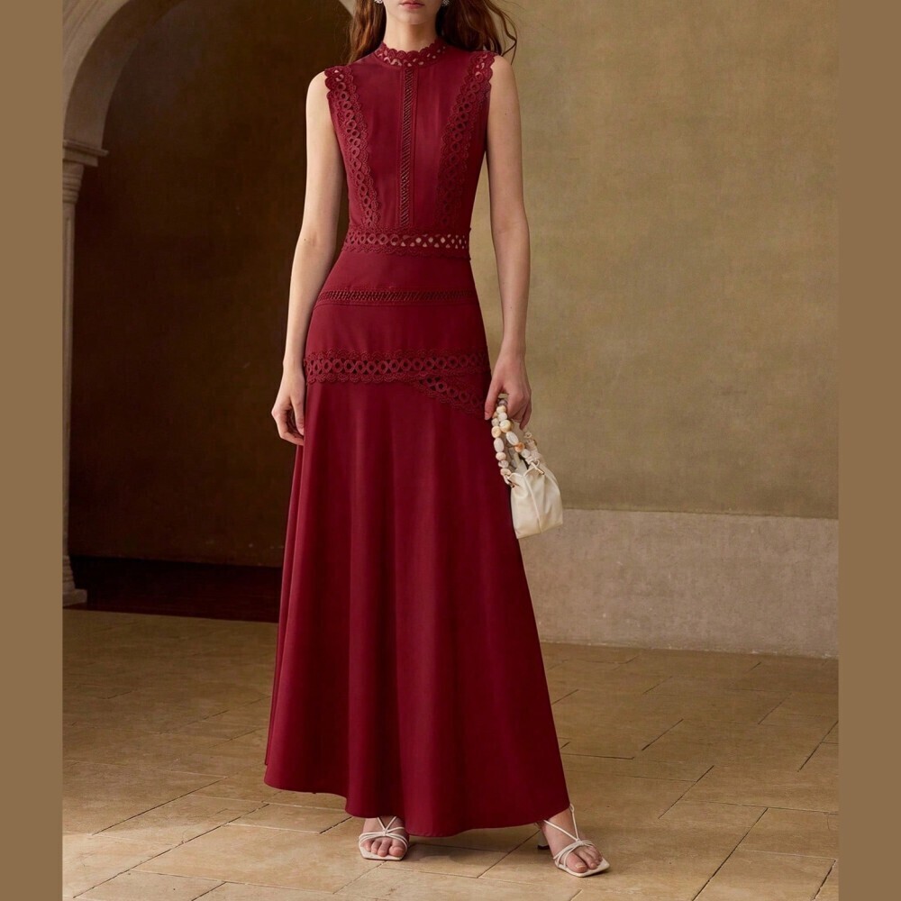 Burgundy Lace Trim Sleeveless Maxi Dress with Stand Collar - Picture 1 of 6